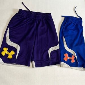 2 pack used Under Armour shorts, YLG, purple and blue.